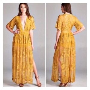 Honeypunch mustard/marigold lace long maxi romper